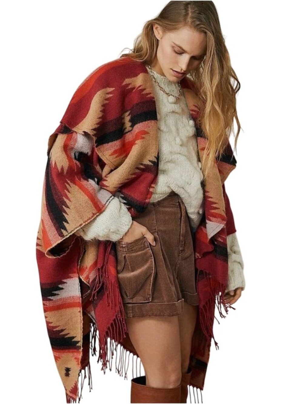Free People Crossroads Oversized Poncho Red Tan Black NWOT OS